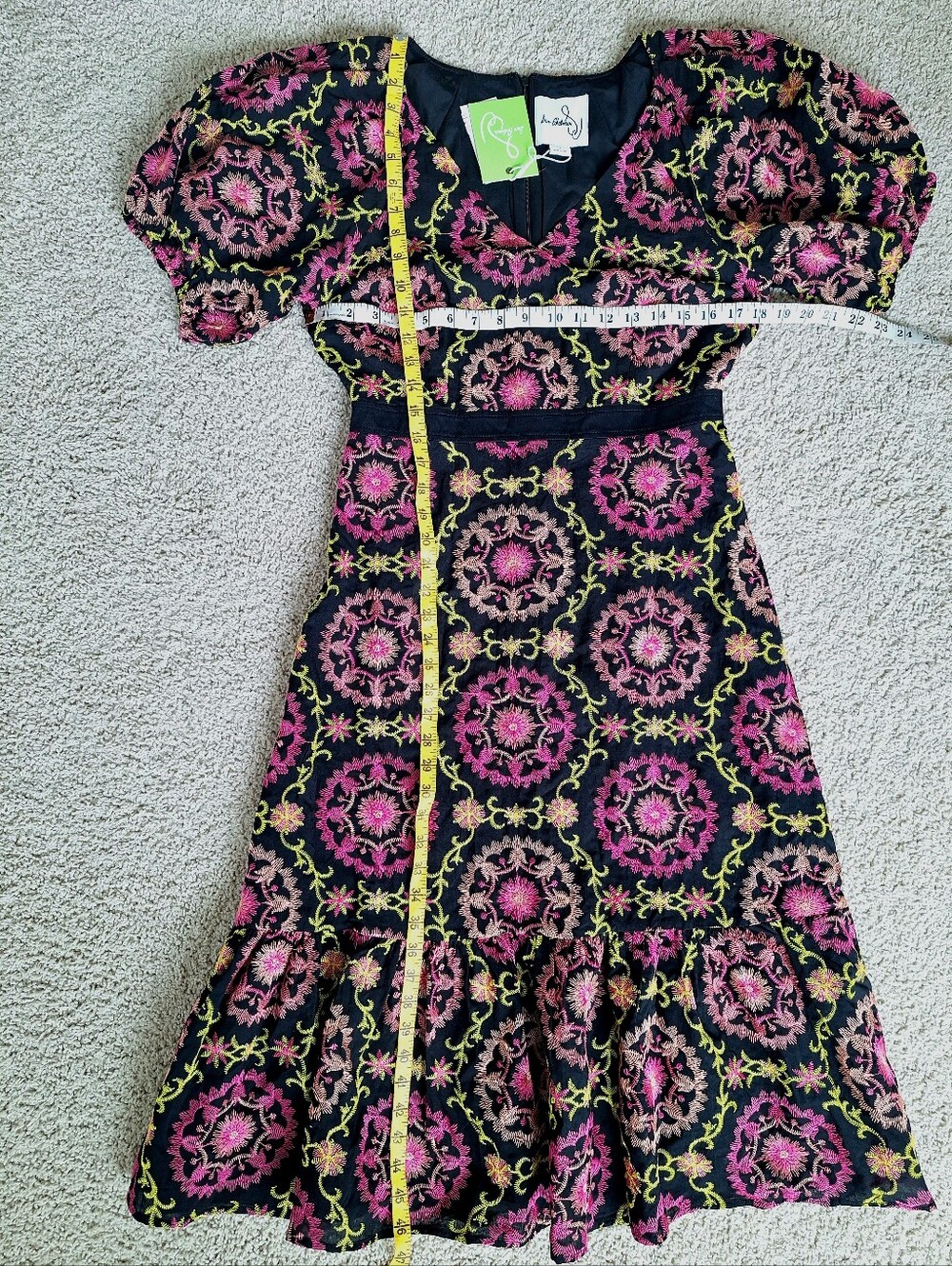 Sam Edelman Embroidered Pink Green Black Puff Sleeve V-neck Midi Dress Size 88 - Picture 9 of 12